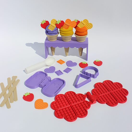 Lielais saldējuma un desertu eko plastilīna veidošanas piederumu komplekts, sensorās rotaļas, lillā